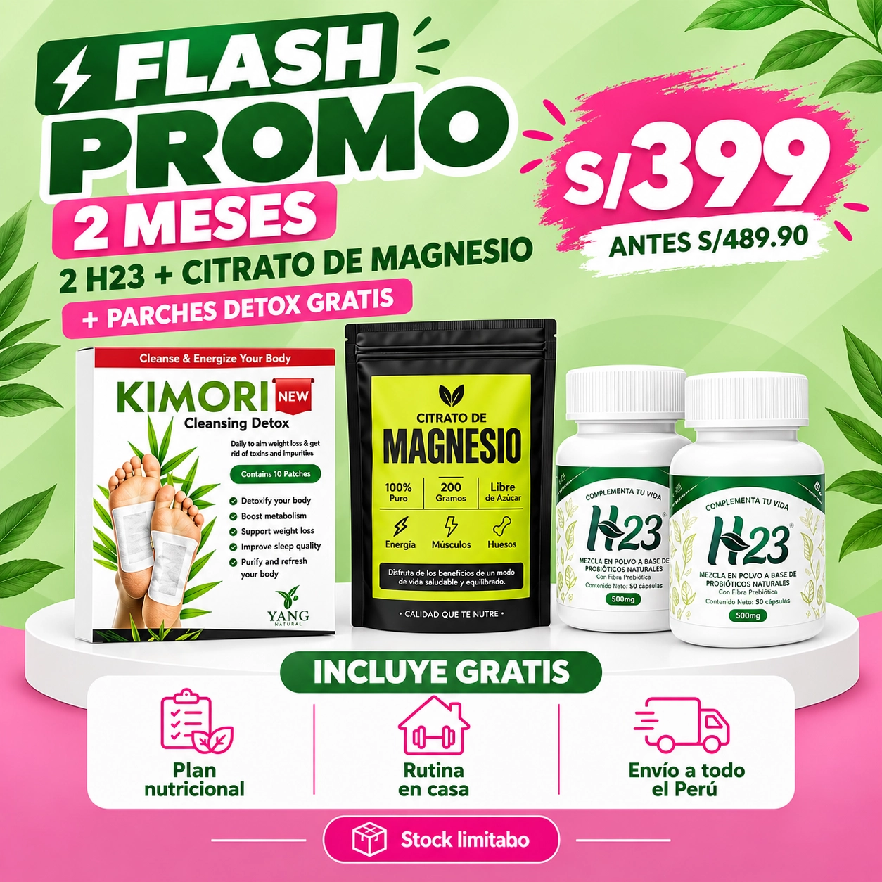 flahs 2 H23 + Citrato de Magnesio + parches detox - Imagen 1